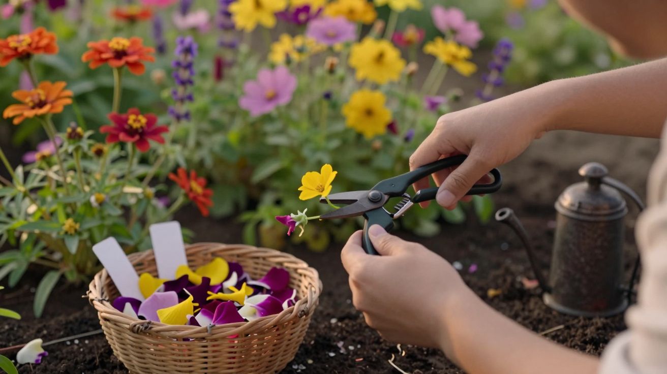 Mãos cortam flores amarelas num jardim colorido; cesto com pétalas e regador ao fundo.