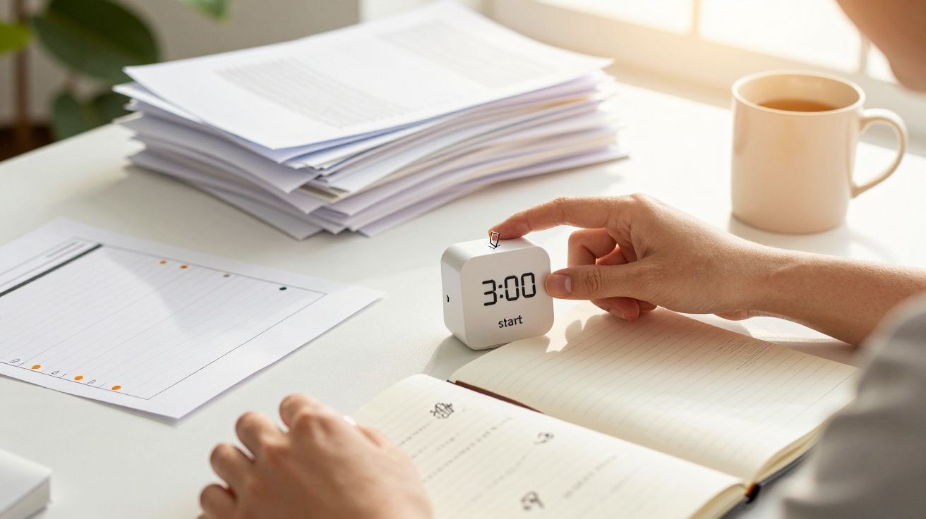 Pilha de papéis e chávena de café sobre a mesa; mão ajusta temporizador cúbico enquanto escreve num caderno.