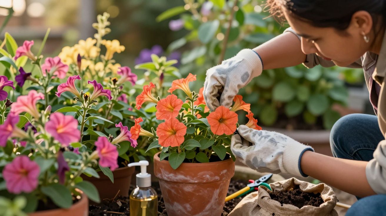 Mulher cuida de flores coloridas num jardim, usando luvas e ferramentas de jardinagem, sob luz solar suave.