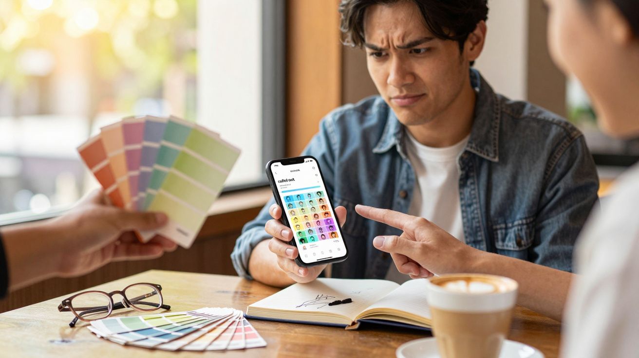 Homem confuso aponta para aplicativo de cor em telemóvel, com amostras de cores na mesa.
