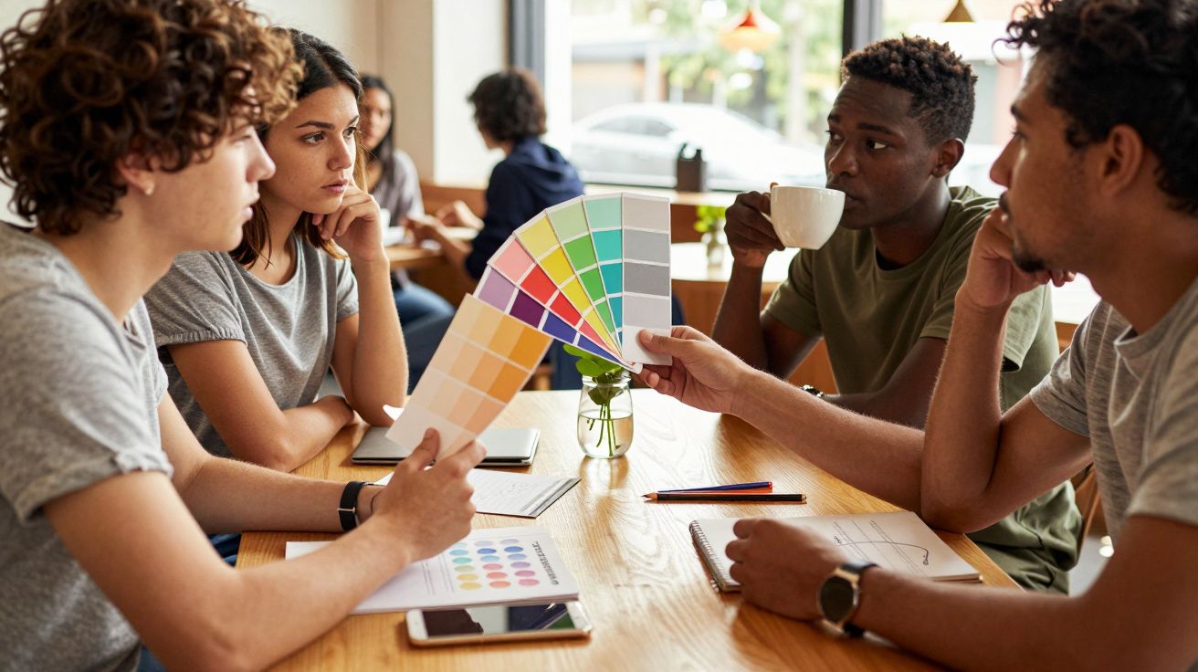 Grupo discute paleta de cores em reunião criativa numa mesa de café.