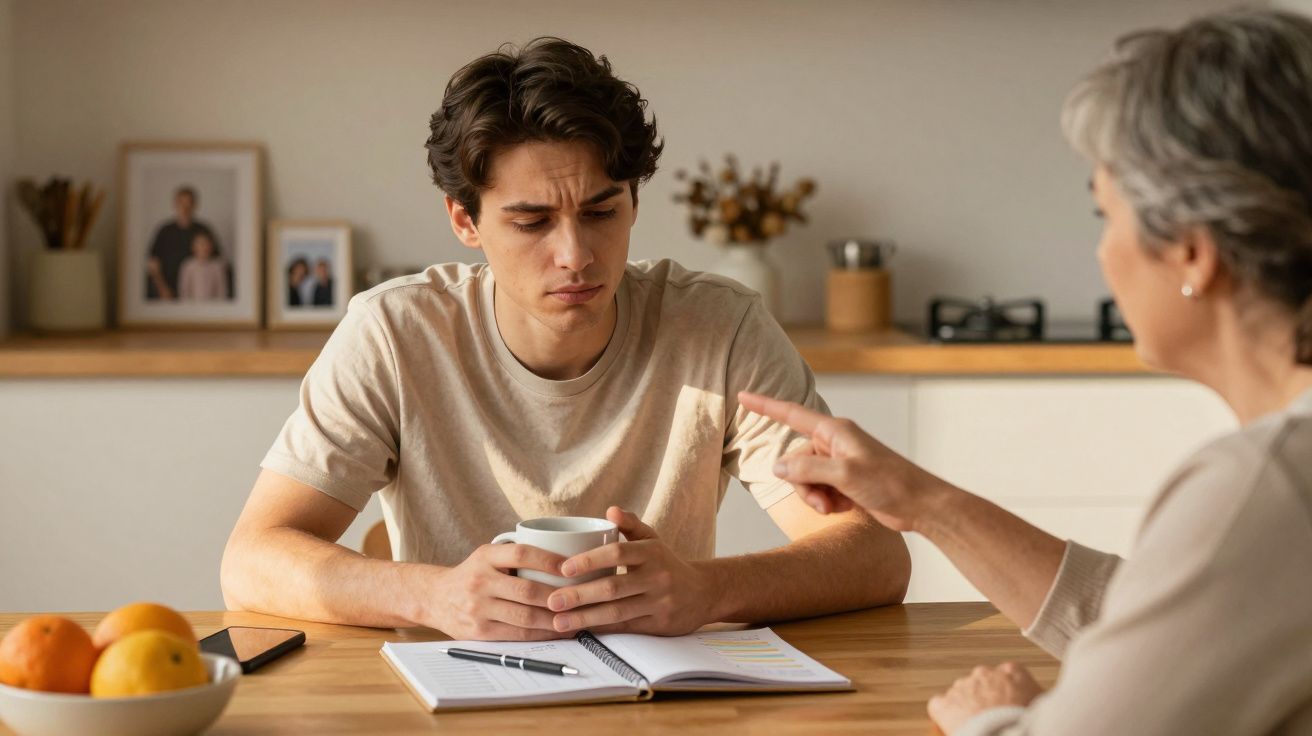 Jovem sentado à mesa, com expressão pensativa, ouvindo uma mulher apontando numa cozinha iluminada.
