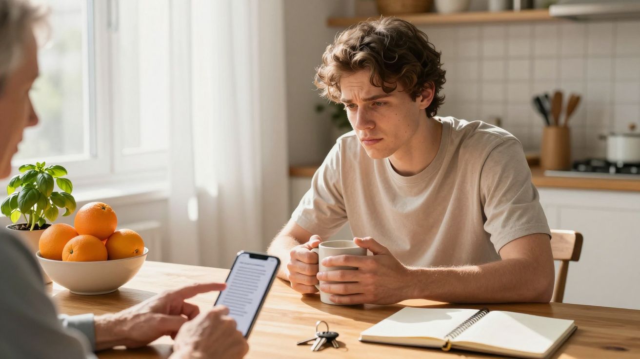 Homem jovem segura uma chávena à mesa enquanto ouve outra pessoa que lê de um telemóvel, ao lado de um caderno e laranjas.