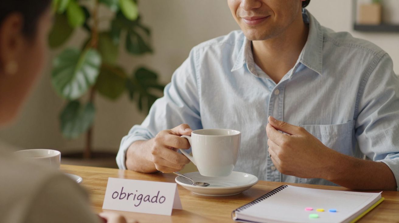 Homem segura chávena de café com um bloco de notas e um cartão a dizer "obrigado" numa mesa.