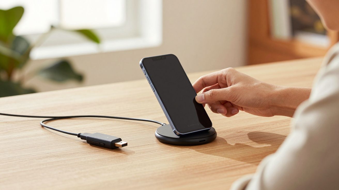 Pessoa a colocar um smartphone num carregador sem fios sobre uma mesa de madeira, com cabo USB visível.
