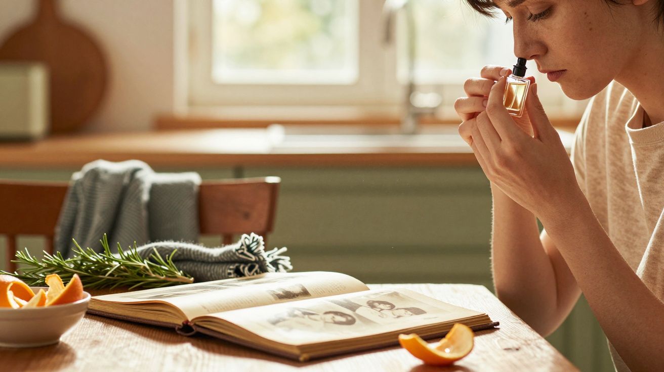 Mulher cheira frasco pequeno de vidro ao lado de livro aberto e taça de laranjas em mesa de cozinha iluminada.