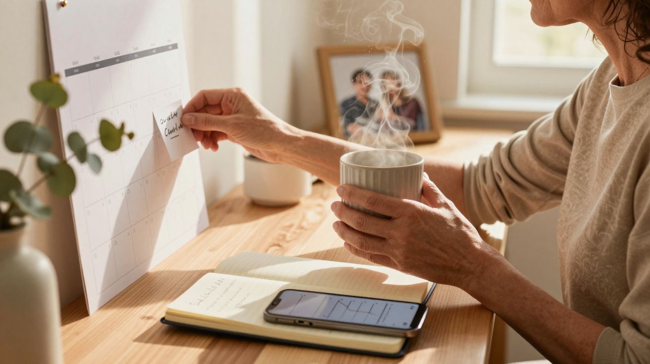 Mulher coloca nota em calendário enquanto segura chá, com telemóvel e bloco de notas sobre a mesa.