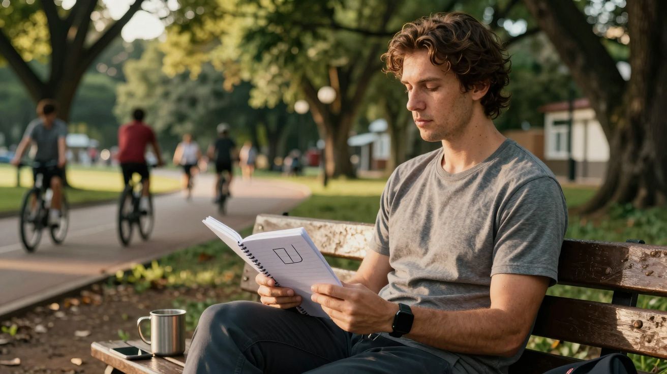 Homem sentado num banco de parque, lendo um caderno, com ciclistas e árvores ao fundo.