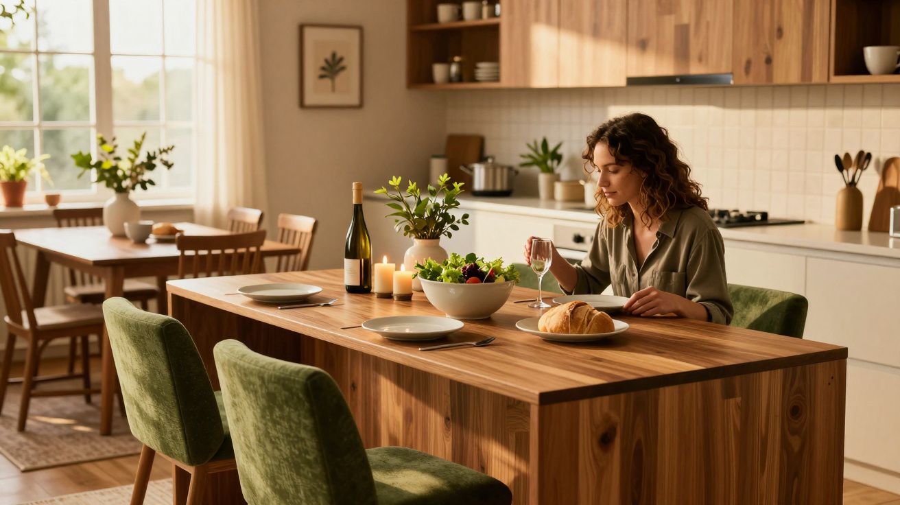 Mulher sentada à mesa de madeira na cozinha, com pratos, salada, vinho e velas acesas.