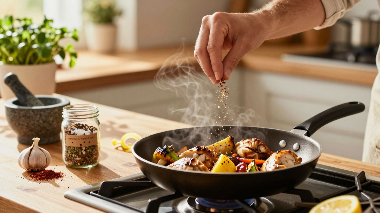 Pessoa a temperar legumes e frango numa frigideira sobre fogão, com especiarias e alho ao lado.