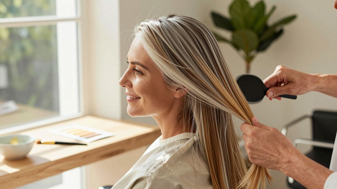 Mulher sorridente com cabelo grisalho escovado por cabeleireiro em salão iluminado pela luz do sol.