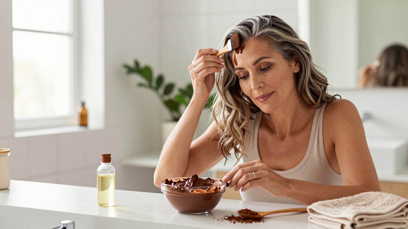 Mulher aplica máscara facial de chocolate no rosto numa casa de banho bem iluminada.