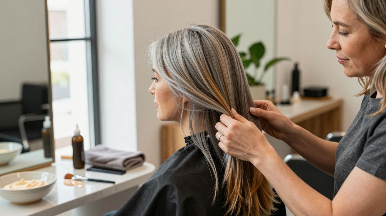 Cabeleireiro arranja o cabelo comprido de uma mulher sentada numa cadeira de salão, rodeada por acessórios de beleza.