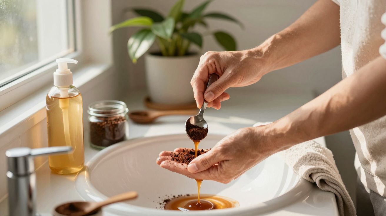 Pessoa prepara esfoliante caseiro com café e mel em pia de casa, planta ao fundo.