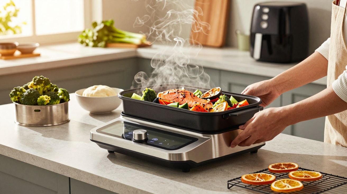 Pessoa cozinha legumes num aparelho elétrico sobre balcão de cozinha moderna. Brócolos e fatias de laranja ao lado.