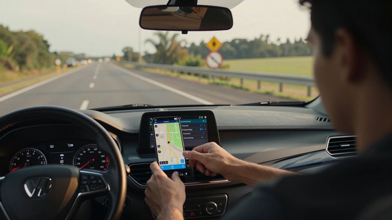 Homem a conduzir num carro, usando GPS no seu smartphone, numa estrada rural durante o dia.