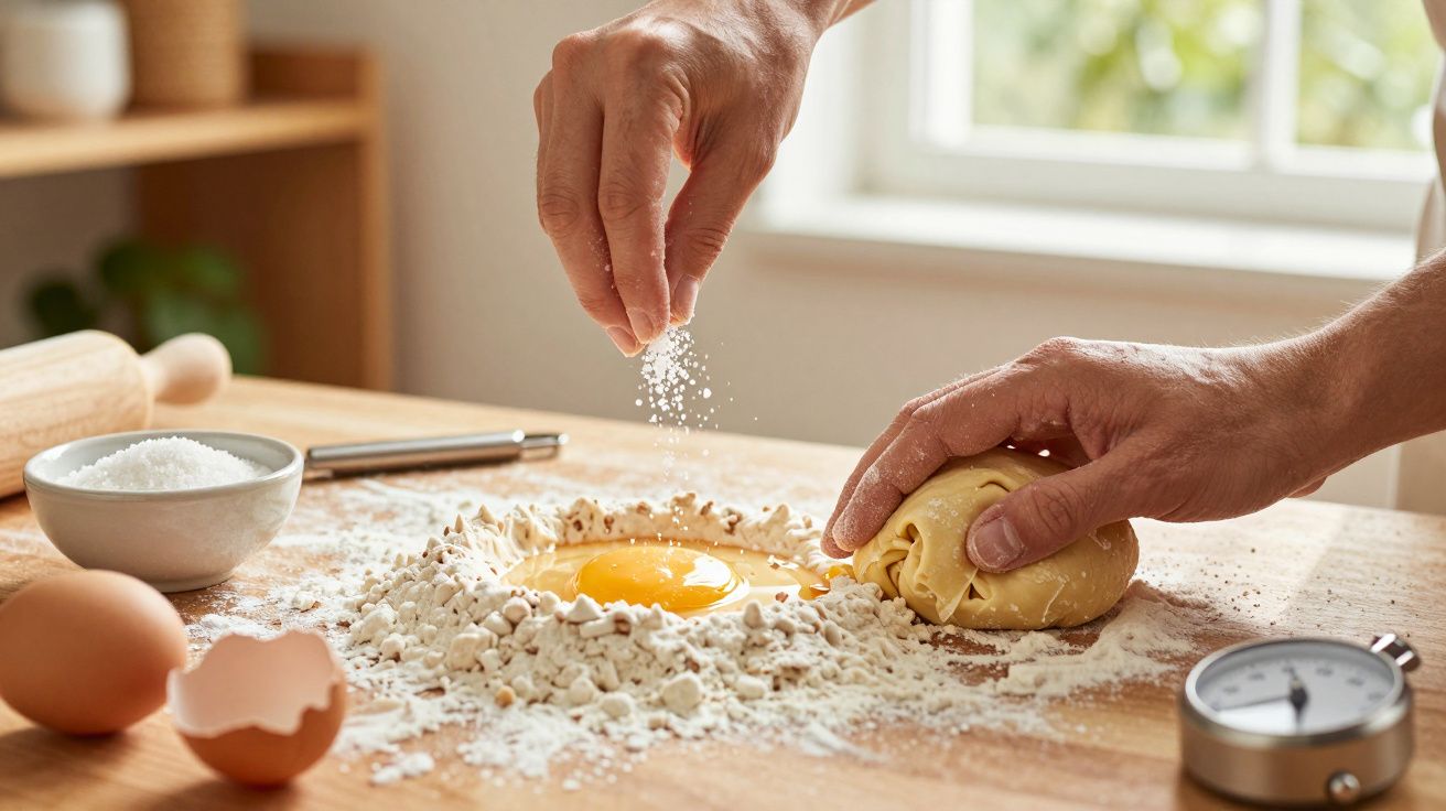 Mãos preparando massa com farinha, ovo e sal numa mesa de madeira, próximo a uma janela.