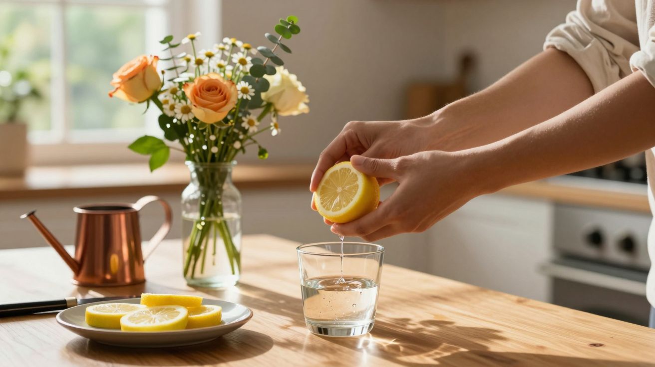 Pessoa a espremer limão numa bebida em cozinha iluminada pelo sol, ao lado de flores num vaso.