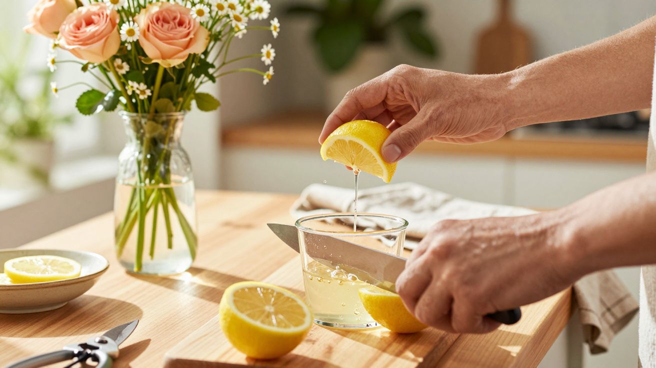 Pessoa a espremer limão num copo, numa cozinha iluminada, ao lado de um vaso de flores laranjas.