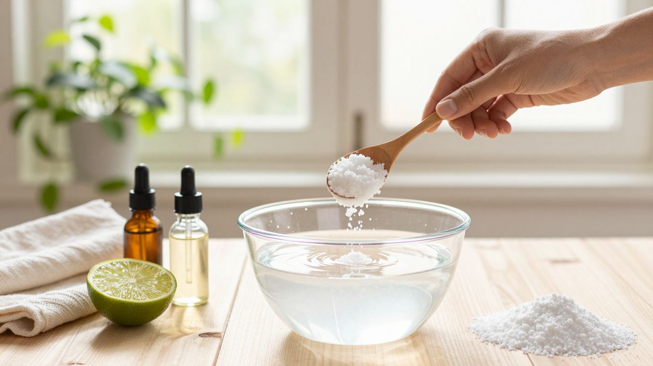 Mão adiciona sal a uma tigela de água, com garrafas de óleo, toalha e limão sobre a mesa de madeira.
