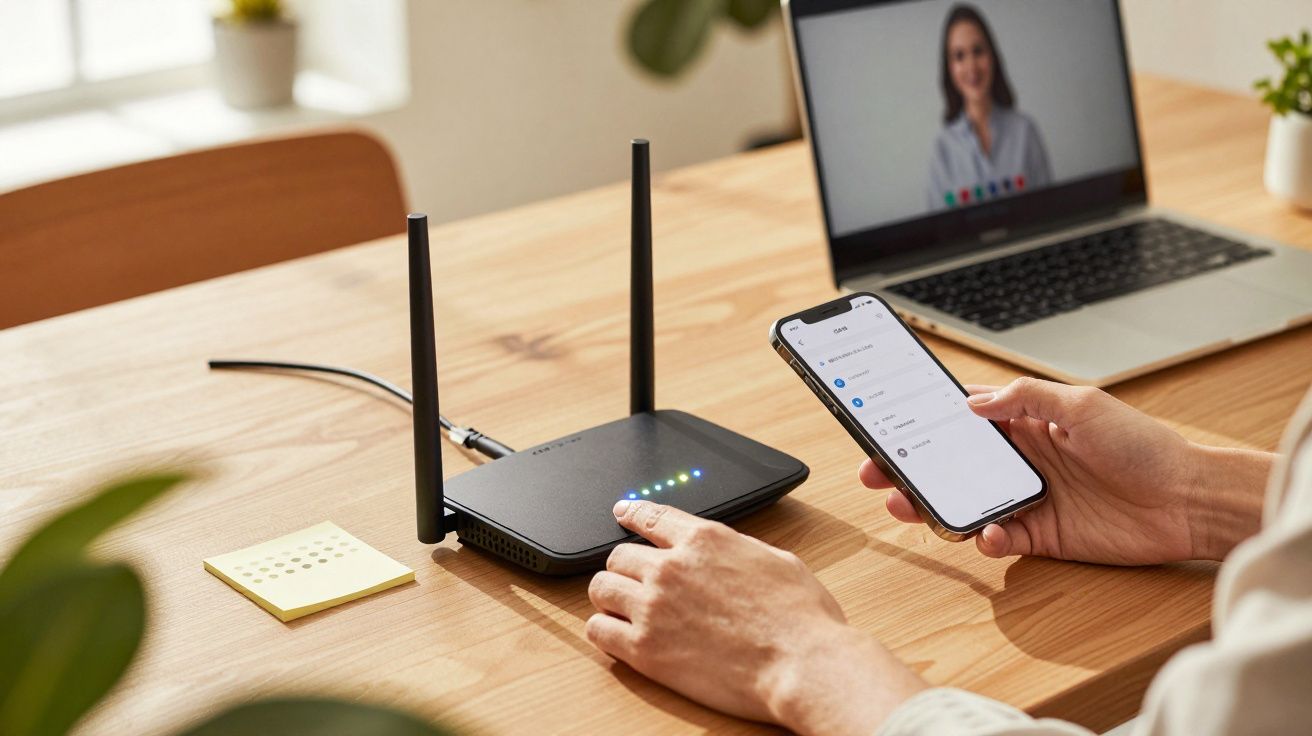 Pessoa configura router Wi-Fi com smartphone; portátil ao fundo mostra videoconferência.