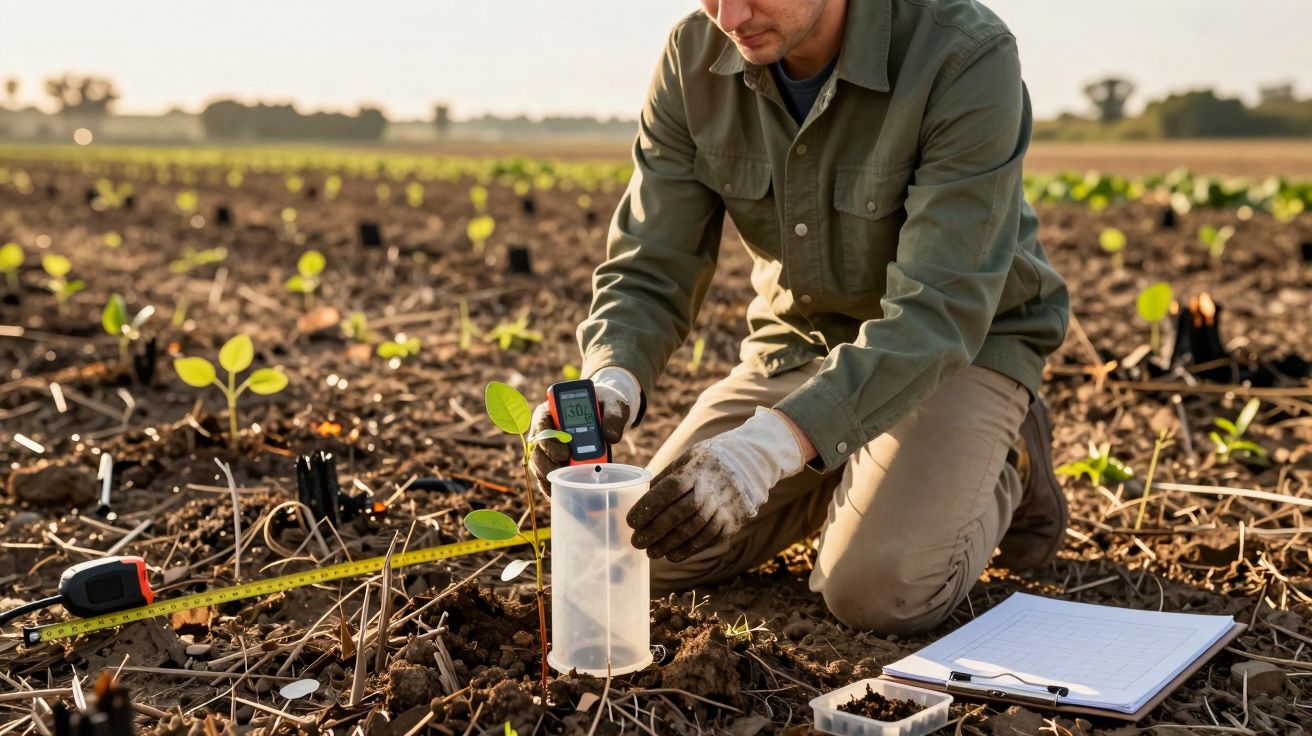 Pessoa a medir solo num campo agrícola, usando equipamento digital, com caderno e fita métrica ao lado.