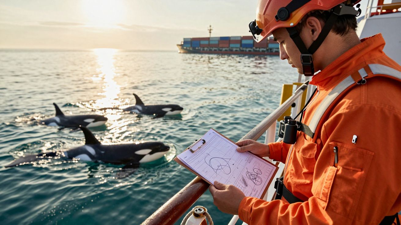 Pessoa de capacete laranja observa orcas no mar, com navio porta-contentores ao fundo.