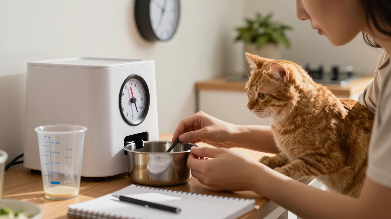 Mulher e gato junto a um forno, preparando comida numa bancada de cozinha iluminada.