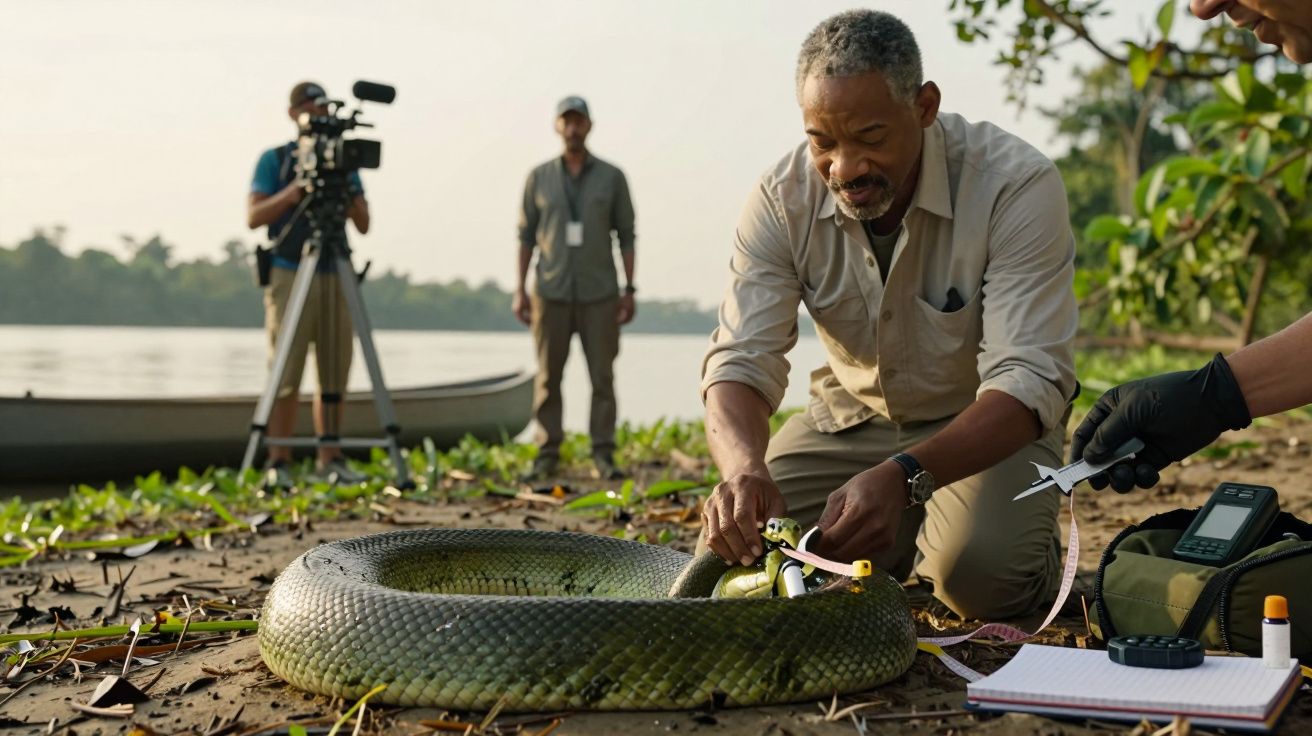 Homem a medir uma anaconda ao lado de um rio, com equipa de filmagem e caderno no chão.