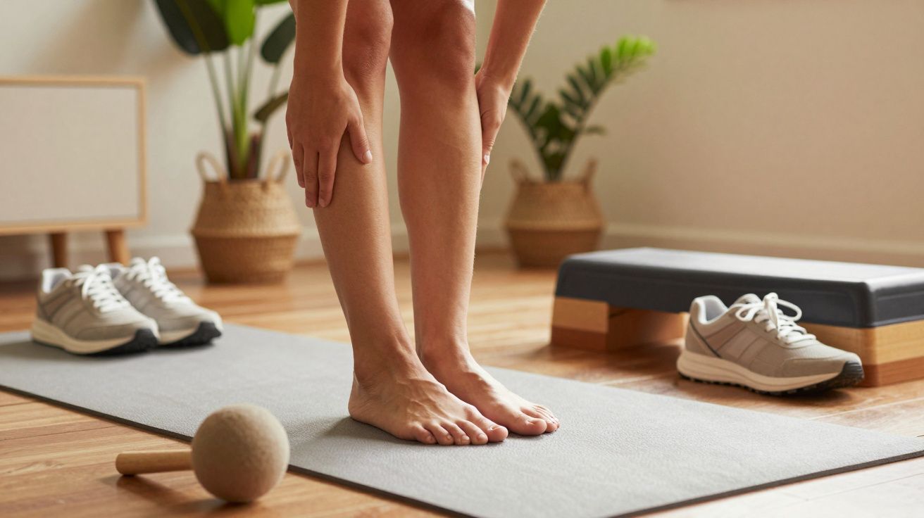 Pessoa alonga pernas numa sala, com equipamento de exercício, incluindo ténis e bola de massagem, sobre um tapete cinza.