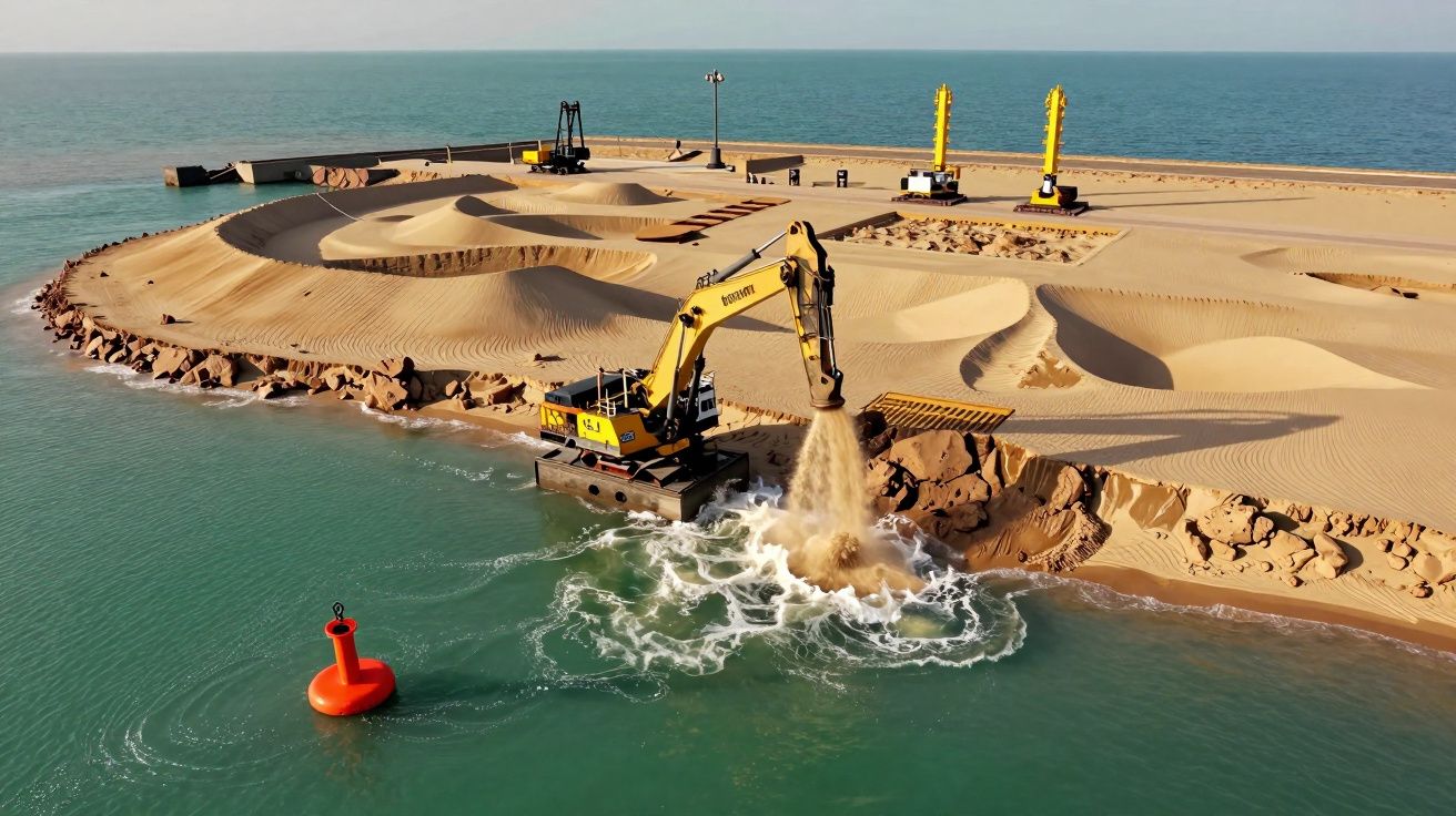 Escavadora a mover areia numa construção costeira, rodeada por água azul e uma boia vermelha no mar.
