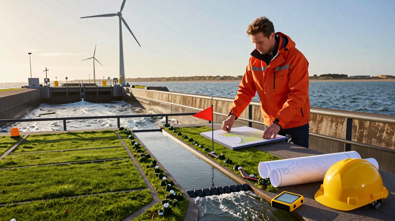 Engenheiro observa planta em maquete de barragem com turbinas eólicas, capacete e ferramentas ao lado.
