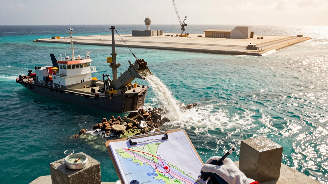 Barco deposita pedras no mar junto a um cais. Mapa e bússola em primeiro plano. Cais e guindaste ao fundo.