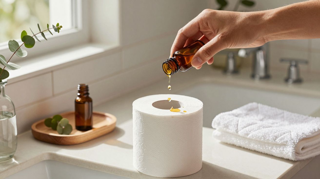 Mão a despejar óleo essencial num rolo de papel higiénico numa casa de banho com toalha branca e plantas.