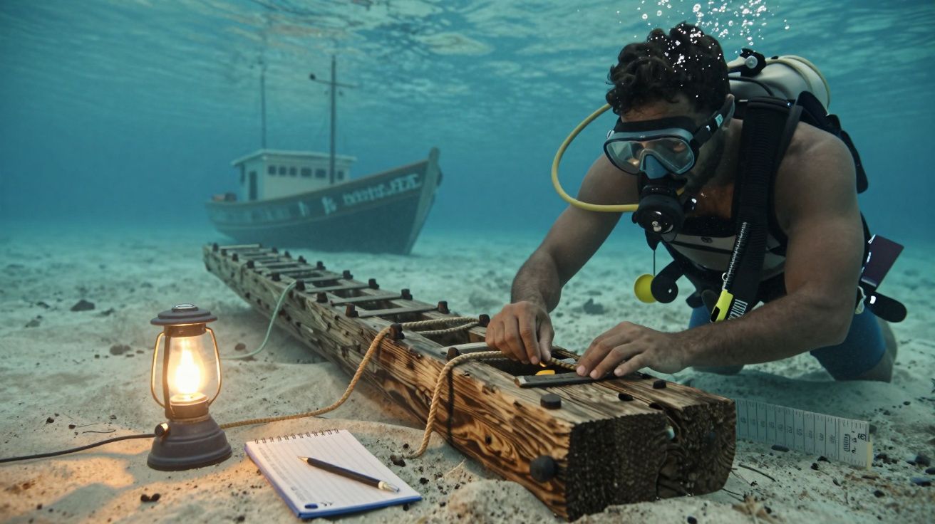 Mergulhador trabalha debaixo de água com uma régua ao lado de uma escada, barco ao fundo, com caderno e lâmpada.