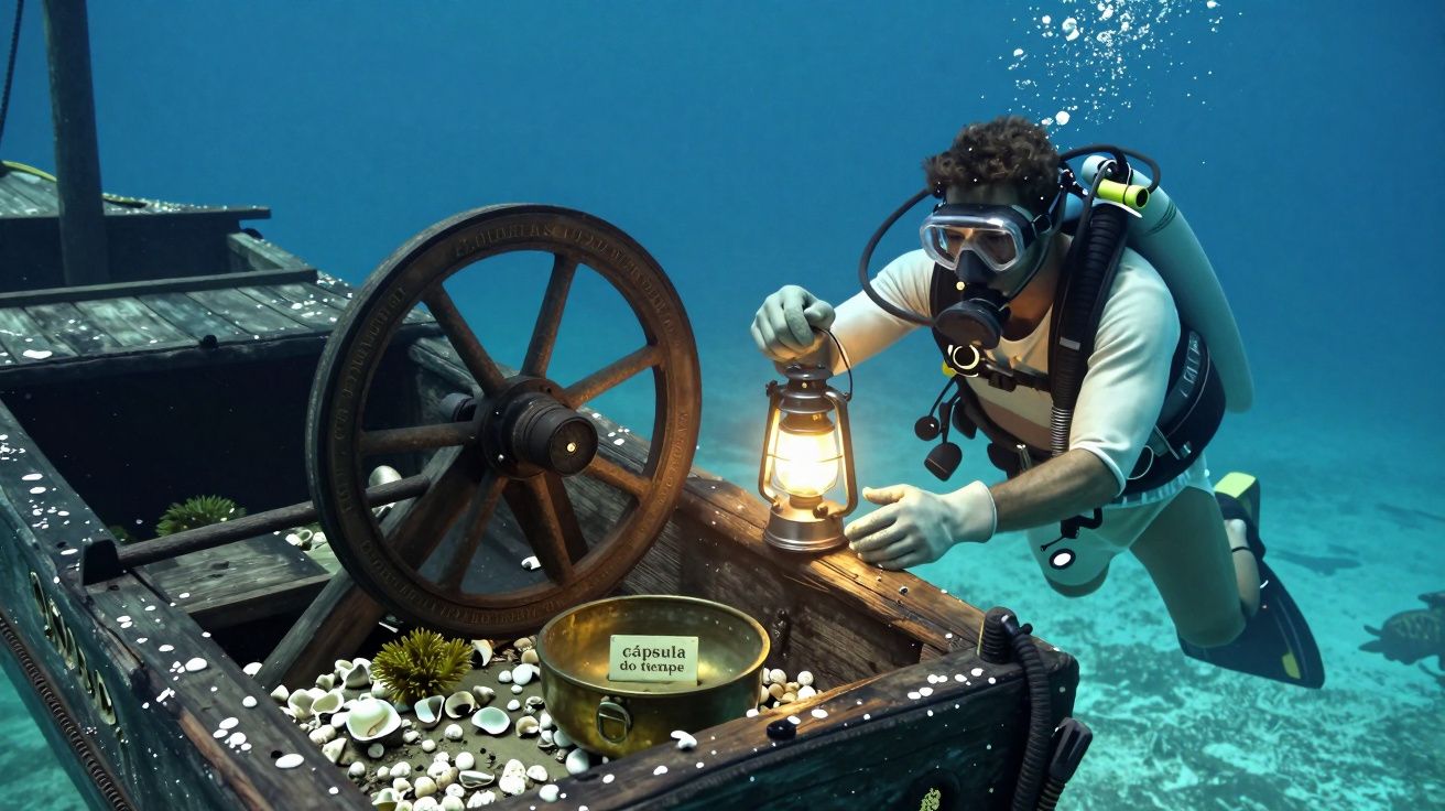 Mergulhador com lanterna explora destroços submersos, encontra cápsula do tempo e conchas no fundo do mar.