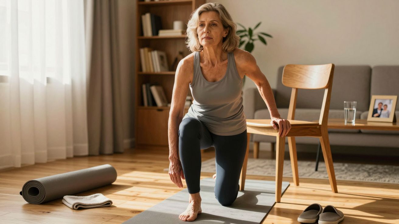 Mulher idosa fazendo alongamento em tapete de ioga, apoiada numa cadeira, com luz natural e decoração caseira ao fundo.