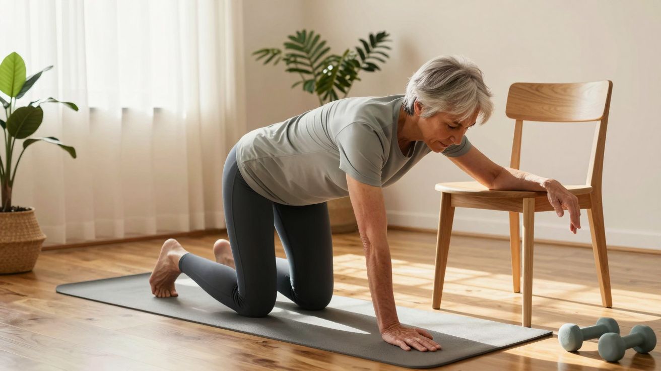 Mulher idosa a fazer exercício em tapete de ioga, apoiada numa cadeira.