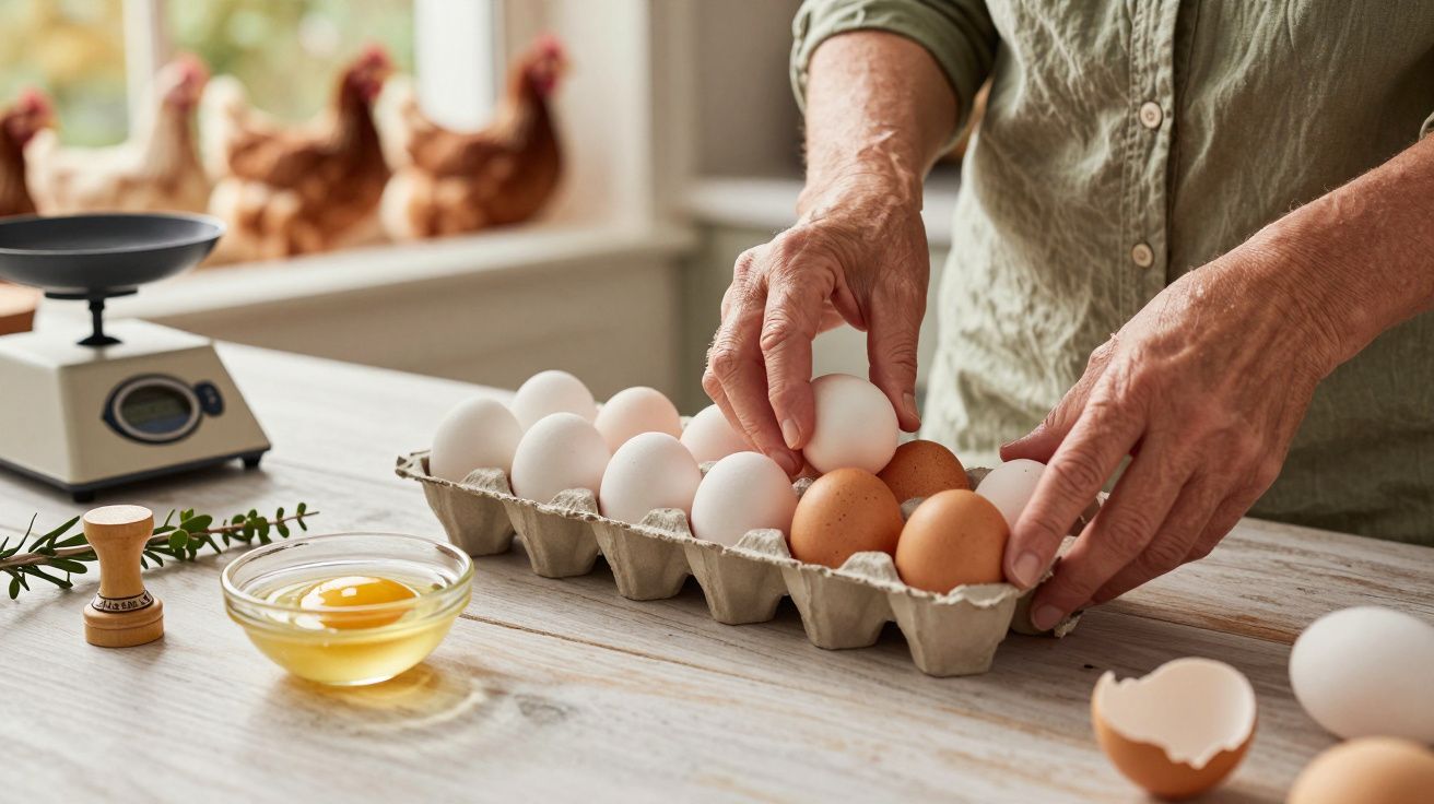 Mãos colocando ovos em caixa de papelão numa cozinha, com galinhas ao fundo e uma taça de ovo partido ao lado.