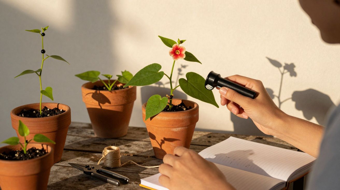 Pessoa examina planta com lupa junto a cadernos e vasos de terracota sobre mesa de madeira.