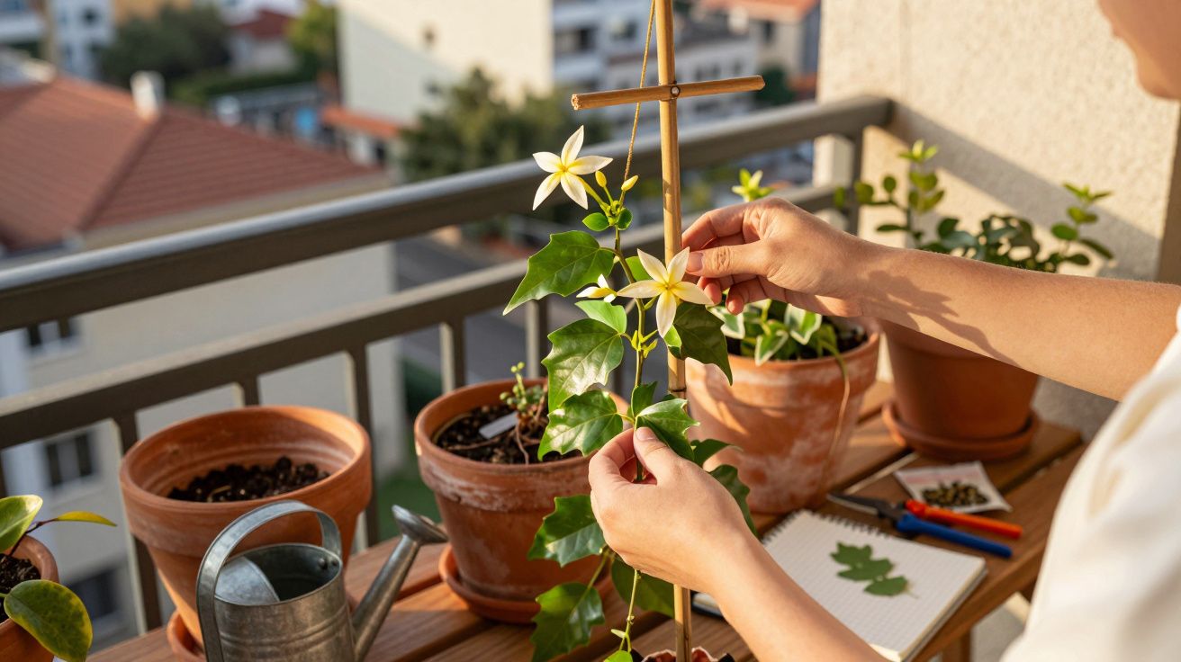 Pessoa cuidando de plantas em vasos num terraço ensolarado, rodeada por plantas e ferramentas de jardinagem.