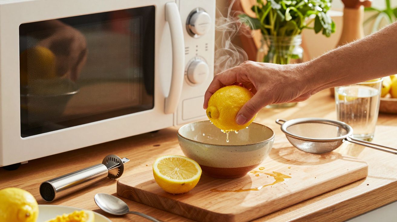 Mão espreme um limão numa tigela de cerâmica sobre tábua de madeira, com micro-ondas e coador em fundo de cozinha.