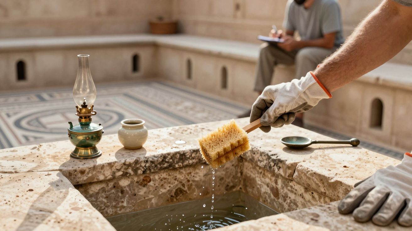 Mão de luva limpa peça de pedra antiga com escova, ao lado de lâmpada e recipiente cerâmico em ambiente histórico.