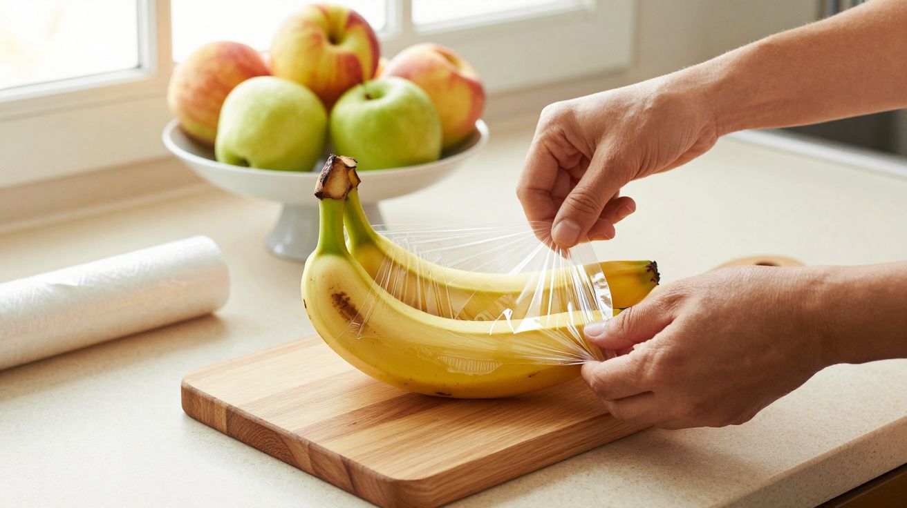 Mãos embrulham bananas com película aderente sobre tábua de cozinha; taça de maçãs ao fundo.