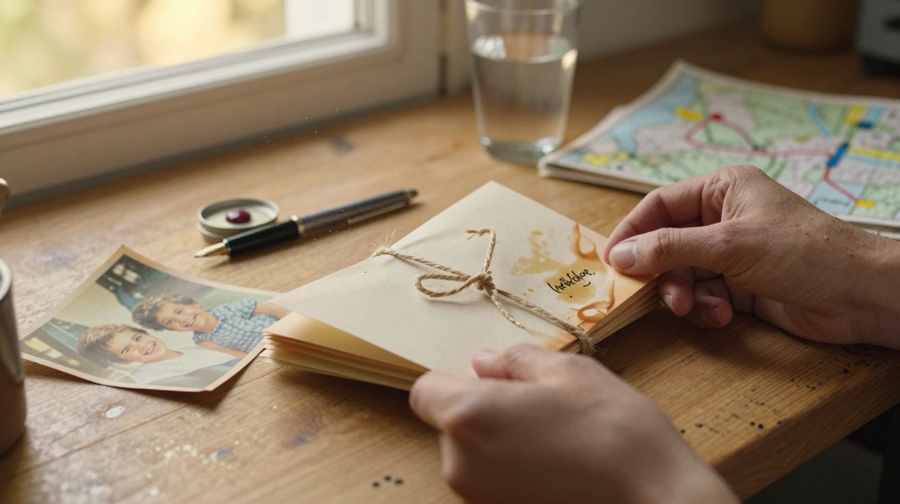 Mãos segurando cartas atadas com cordel sobre uma mesa com foto de crianças, caneta e mapa ao fundo.
