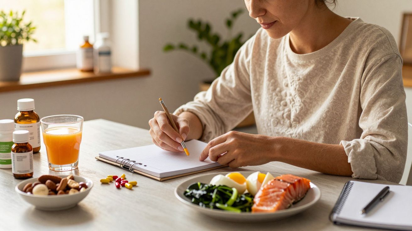 Mulher escreve num bloco à mesa com prato de salmão, espinafres e ovos, sumo de laranja e suplementos alimentares.