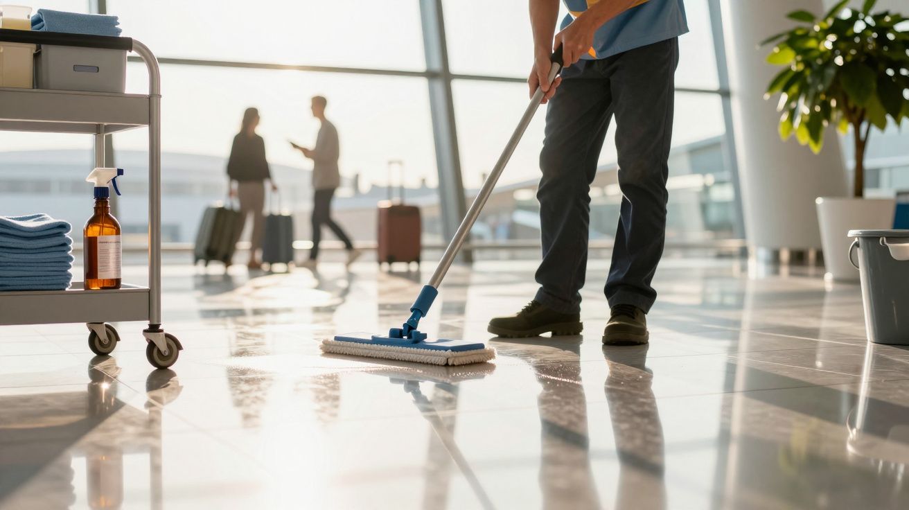 Pessoa a limpar o chão num terminal de aeroporto, com reflexos da luz solar nas janelas.
