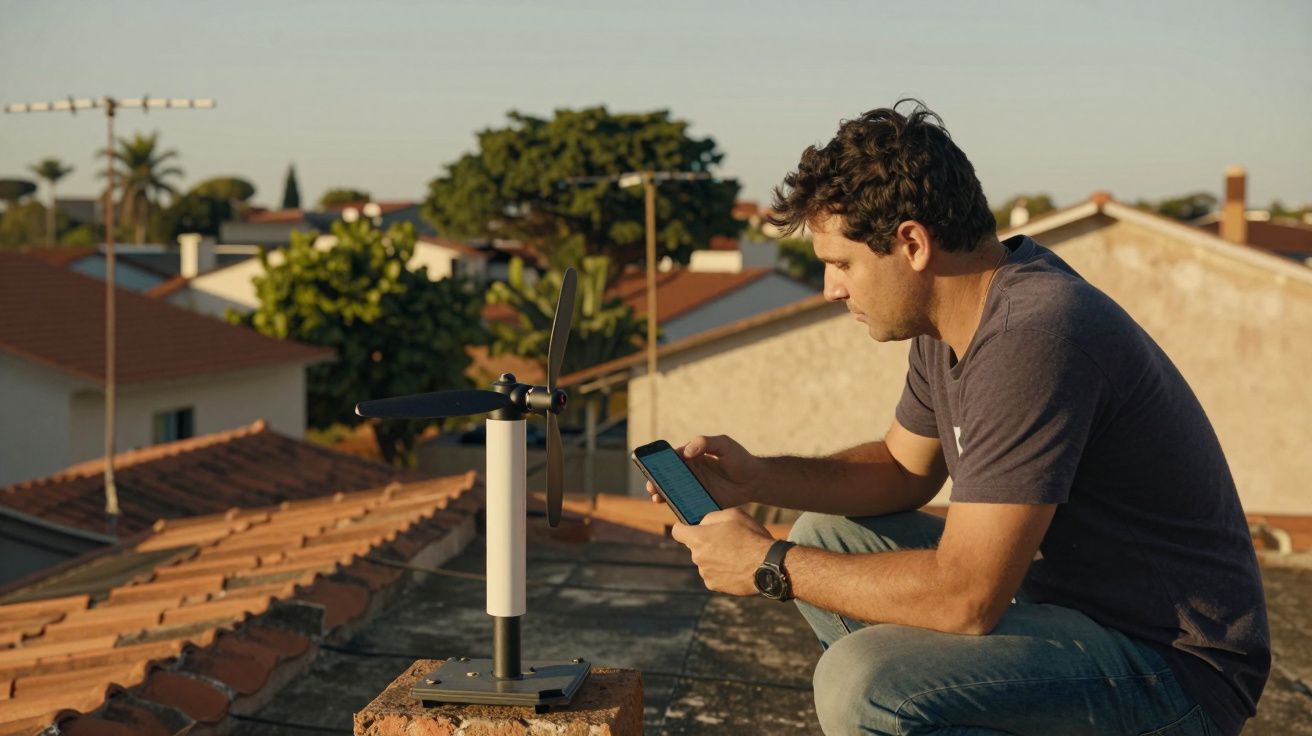 Homem sentado no telhado, ajustando uma antena com o telemóvel na mão, ao entardecer.