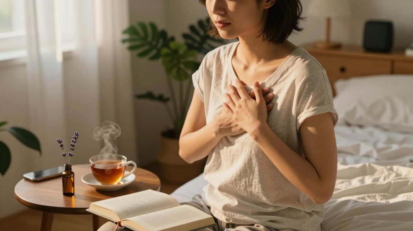 Mulher sentada na cama, mãos no peito, ao lado de uma mesa com chá e livro aberto, quarto iluminado.