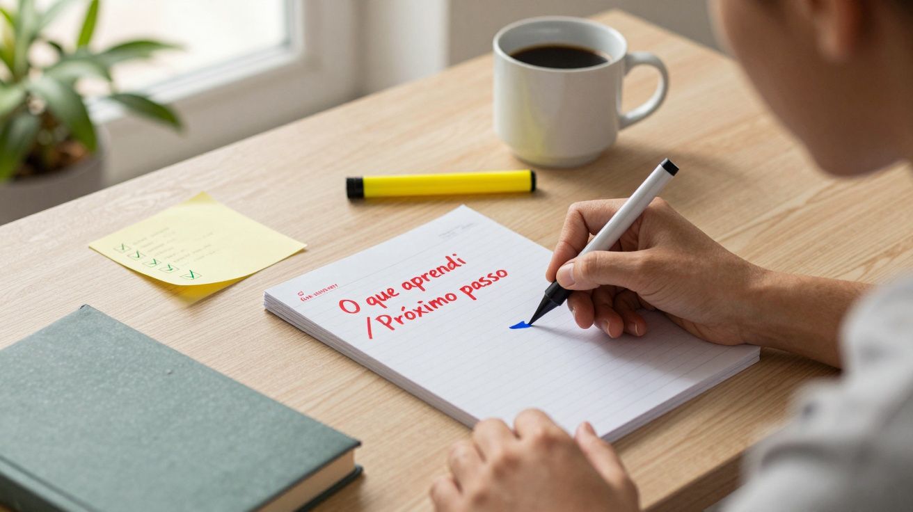 Mão escreve em bloco de notas "O que aprendi / Próximo passo". Há café, um marcador e notas adesivas na mesa.